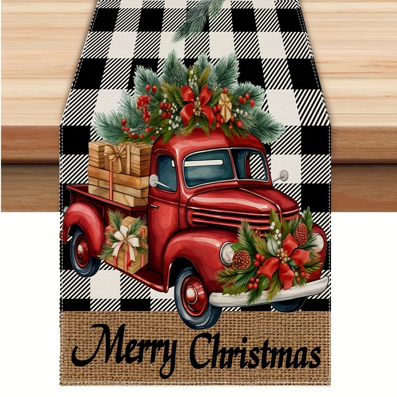Yuletide Bliss, Merry Christmas Table Runner - Buffalo Plaid with Truck & Tree Design, Polyester, Perfect for Holiday Dining Decor, 13" x 72