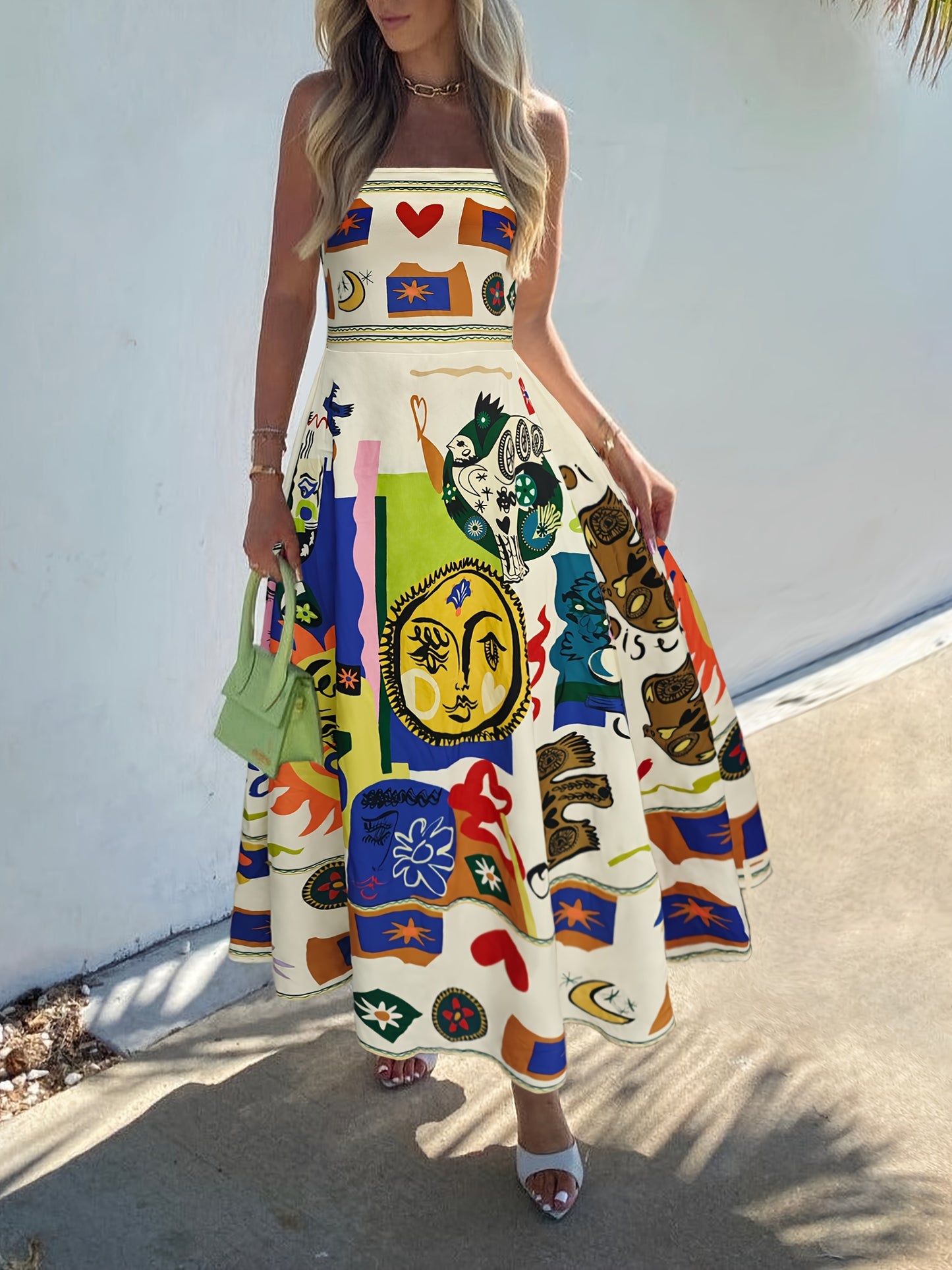 VAKKV Vibrant Graffiti Print Dress - Stylish Square Neckline, Daring Backless Design, Delicate Spaghetti Straps, Flattering High Waist Silhouette, Chic Cami Style - Perfect for Women, Ideal for Casual Occasions, Womens Clothing