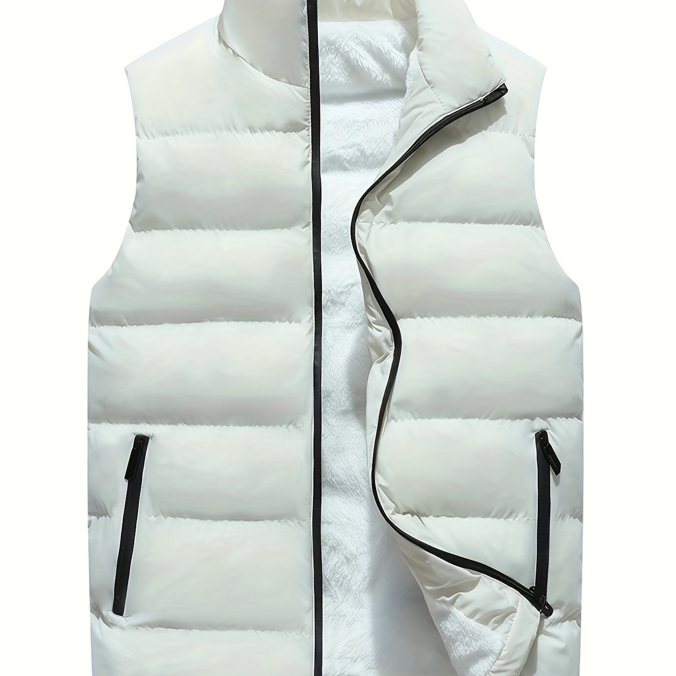 Men's Solid Sleeveless Stand Collar Down Jacket Vest With Zip Up And Pockets, Casual And Warm Tops For Autumn And Winter Wear