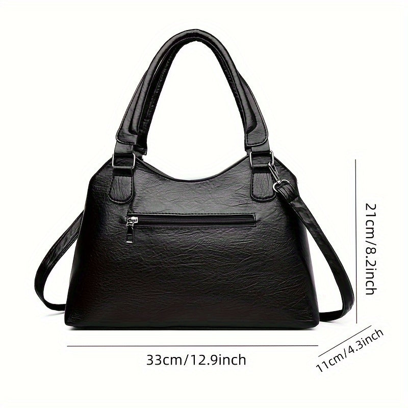 Chic Vintage-Inspired Faux Leather Tote Bag for Women - Versatile Shoulder & Crossbody Design with Adjustable Strap, Multiple Compartments, Zip Closure - Perfect for Work, Travel, and Casual Outings - Black