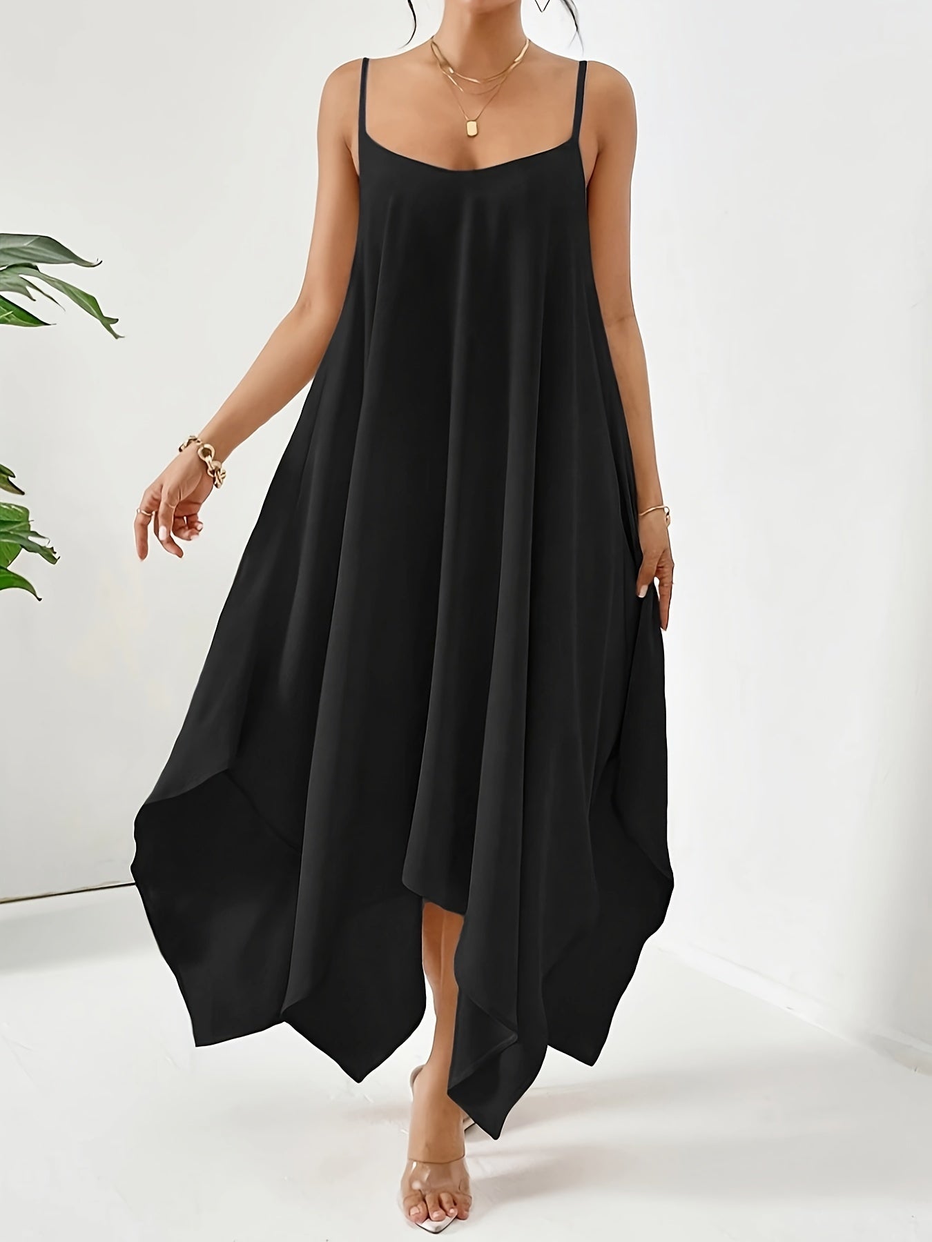 VAKKV Solid Asymmetric Hem Cami Dress, Casual Sleeveless Spaghetti Strap Dress, Women's Clothing