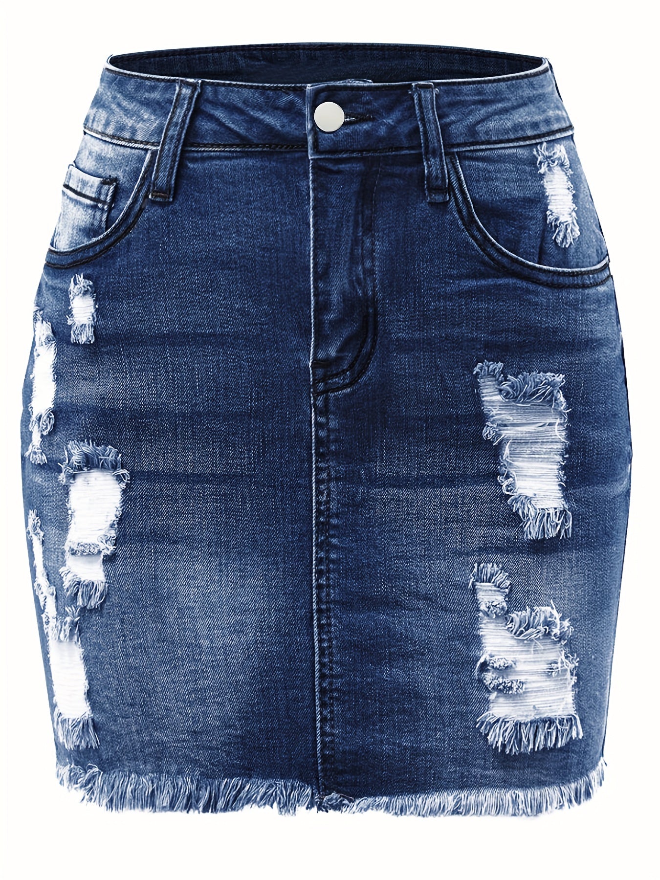 Plain Ripped Holes Denim Mini Skirt, Raw Hem High Stretch Distressed Denim Skirt, Women's Denim Clothing