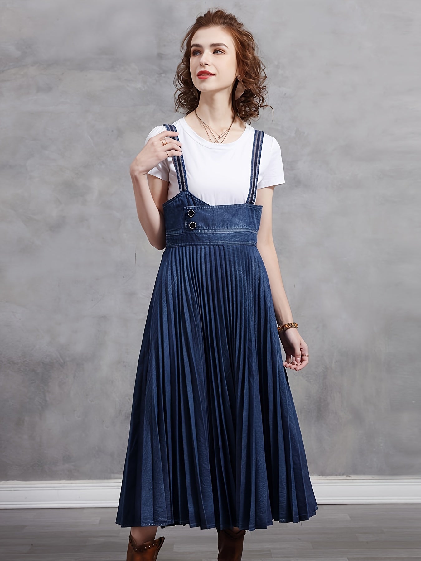 Plain Washed Blue Retro Style Pleated Suspender Denim Dress, Women's Denim Jeans & Clothing