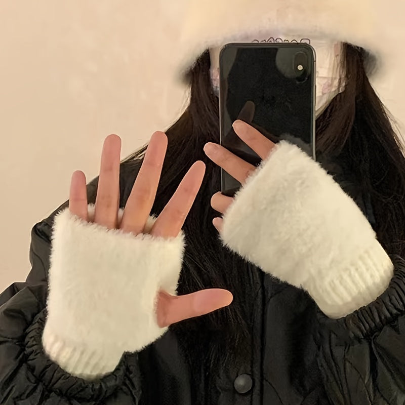 Women's Faux Fur Knitted Half-Finger Gloves, 2-Pack, Elastic Warm Winter Gloves for Office, Casual Outings, Hand Washable, Warmth & Comfort, Windproof Design