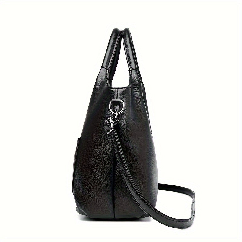 Women's Fashion Tote Handbag New Style - Soft PU Leather, Large Capacity Shoulder Bag with Zipper Closure and Optional Messenger Strap - Elegant and Versatile Ladies Purse - Black