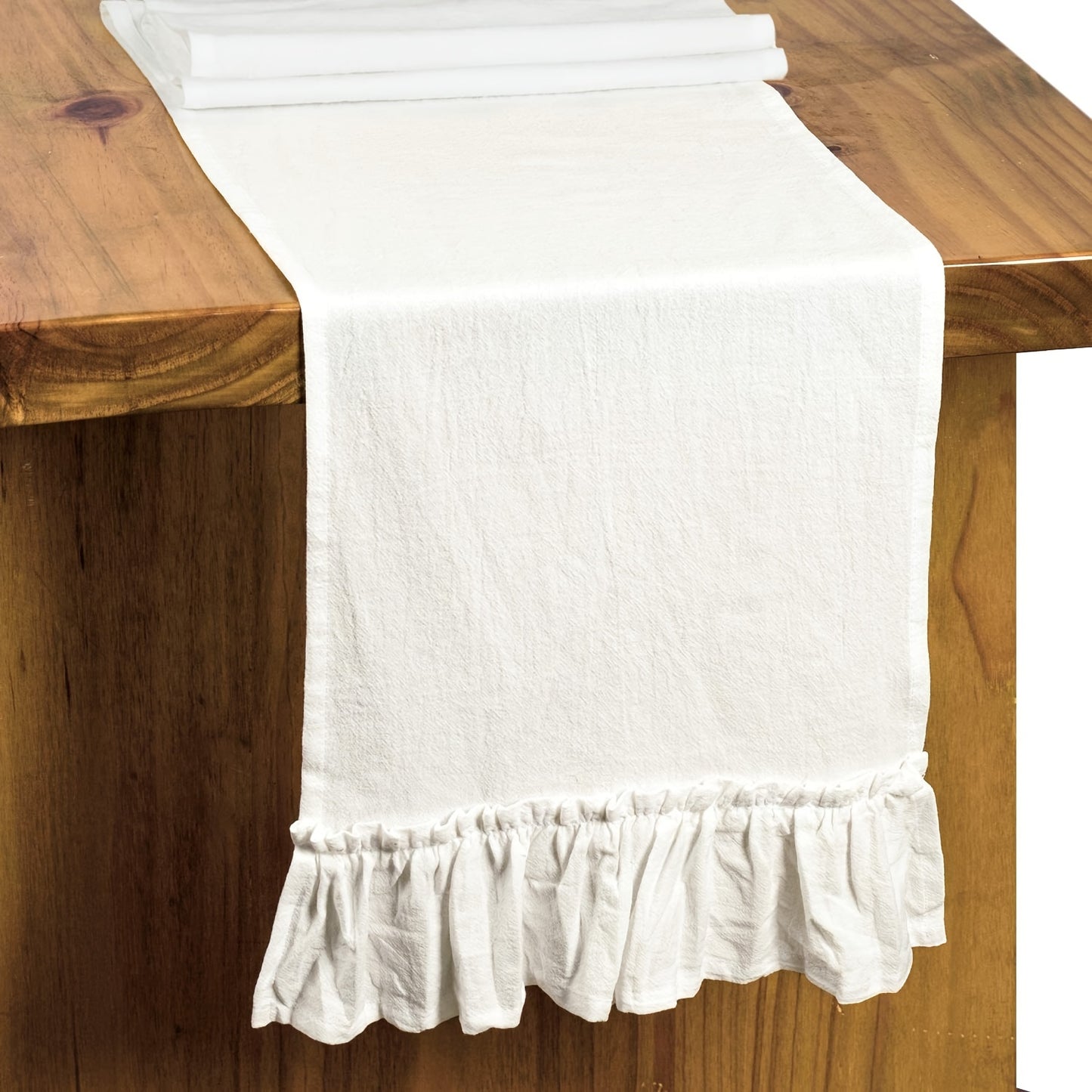 60" x 36" Pure White Polyester Ruffled Table Runner with Floral Edges for Christmas Holiday Theme - Rectangular Shape Woven Cover