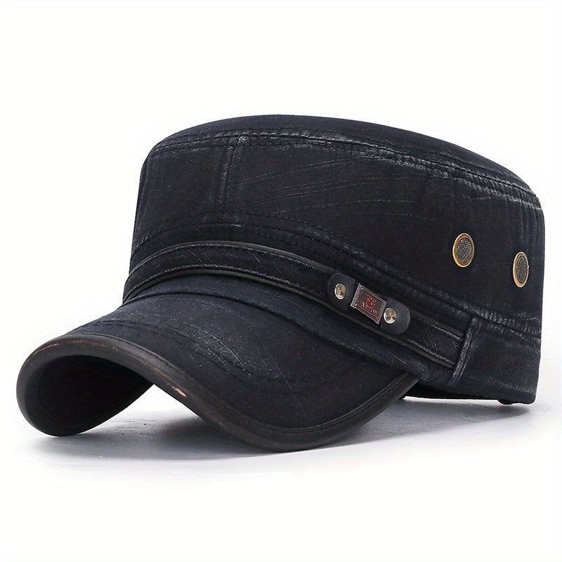 Stylish Unisex Leather Flat Top Hat - Men's Accessories, Military-Inspired Baseball Cap with Sun Protection, Adjustable One-Size-Fits-Most Design, and Vintage Washed Look