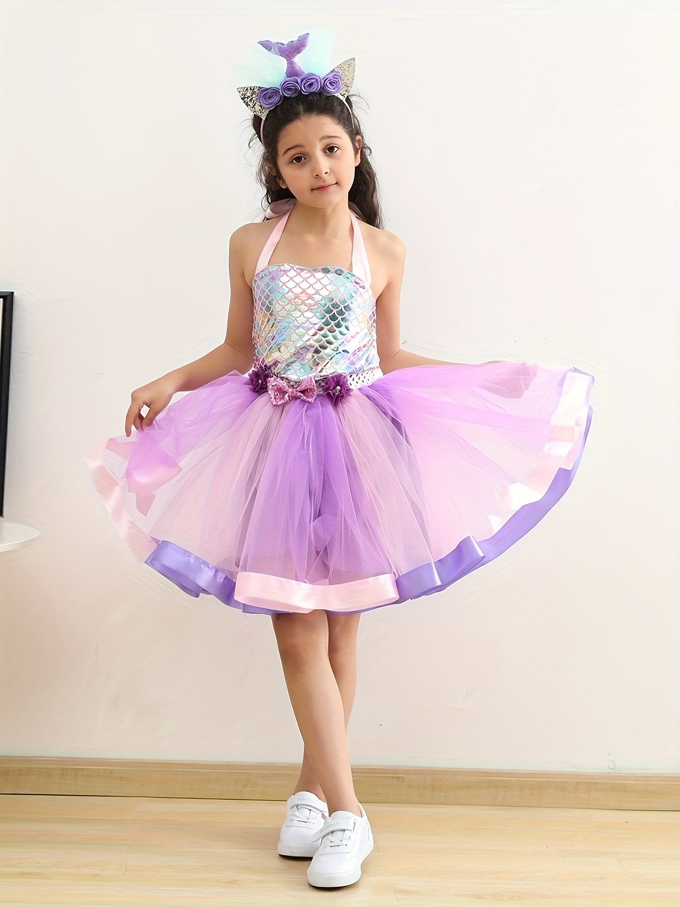 Tutu Dress and Headband Set - Sparkling Fish Scale Pattern Mesh Outfit for Girls - Perfect for Christmas, Halloween, Birthday Party, Performance, and Gift-Giving Occasions