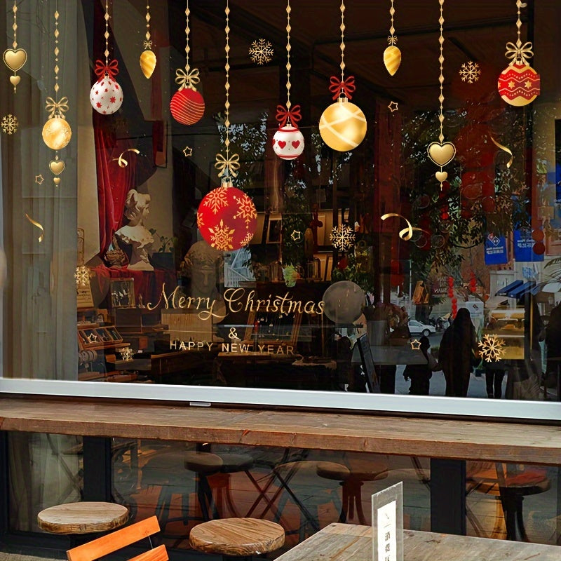 Christmas Window Clings Set, 1 Piece Static Decal Stickers for Shops and Home, Waterproof Plastic Holiday Ornaments with Painter's Tape, Snowflakes and Festive Bauble Decorations for Glass Surfaces