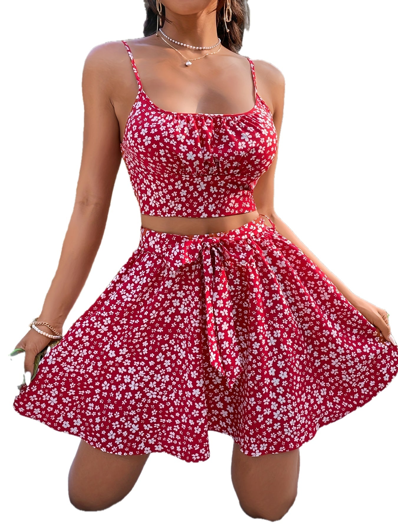Spring/Summer Elegance: Ditsy Floral Crop Cami & Belted Skirt Set - Durable, Easy-Care Fabric, Ideal Comfort Fit
