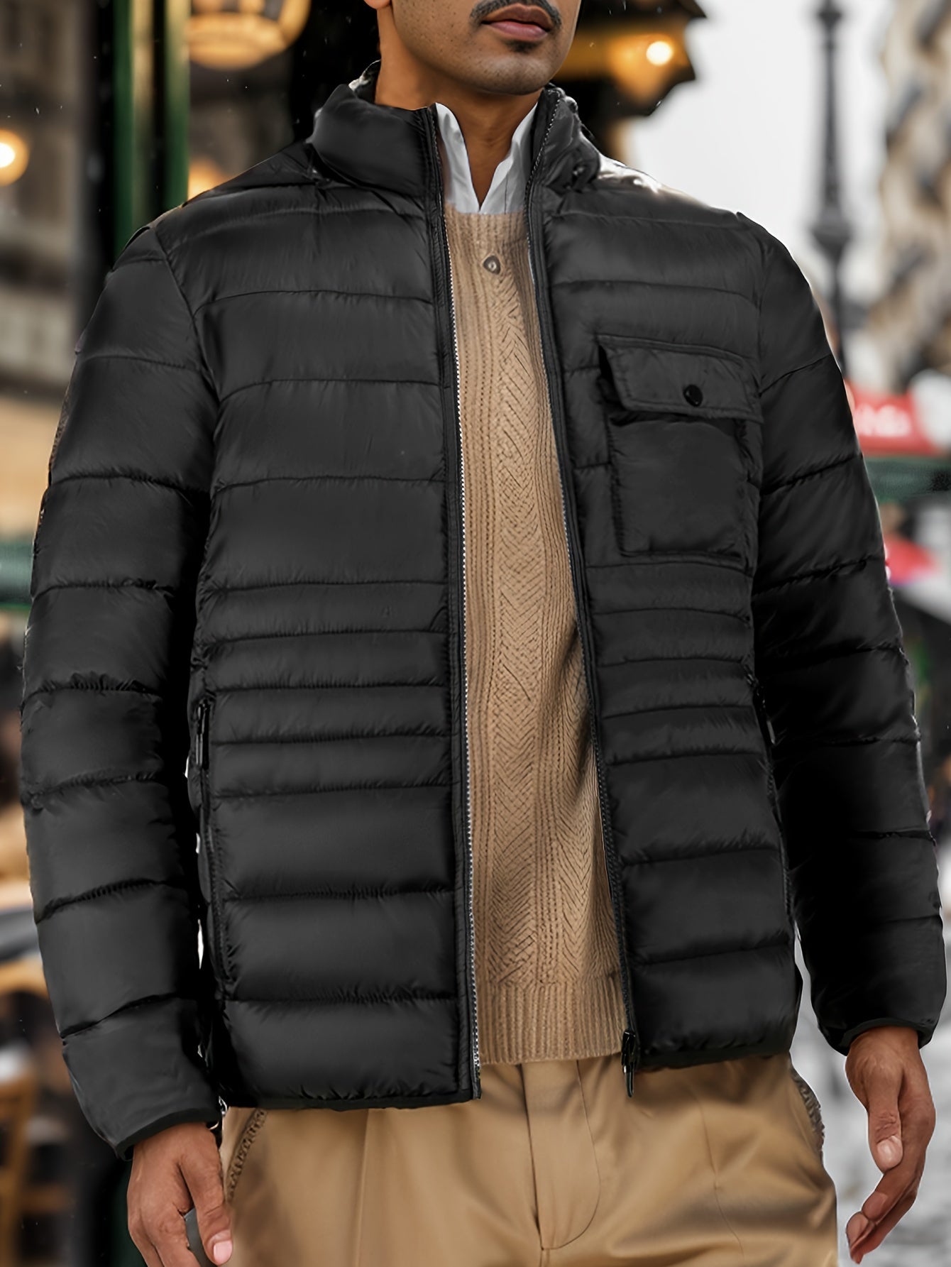 Men's Solid Color Hooded Puff Jacket, Long Sleeve Stand Collar Comfy Warm Trendy Winter Faux Down Coat As Gift