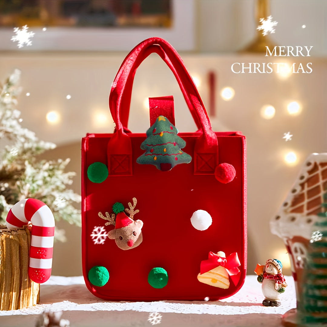 Rustic Christmas Candy Gift Felt Tote Bag for Women, Vintage Style, Non-Washable, Solid Color, Red & Green, No Lining, Cartoon Print, with Fixed Straps and Snap Closure, No Embellishments