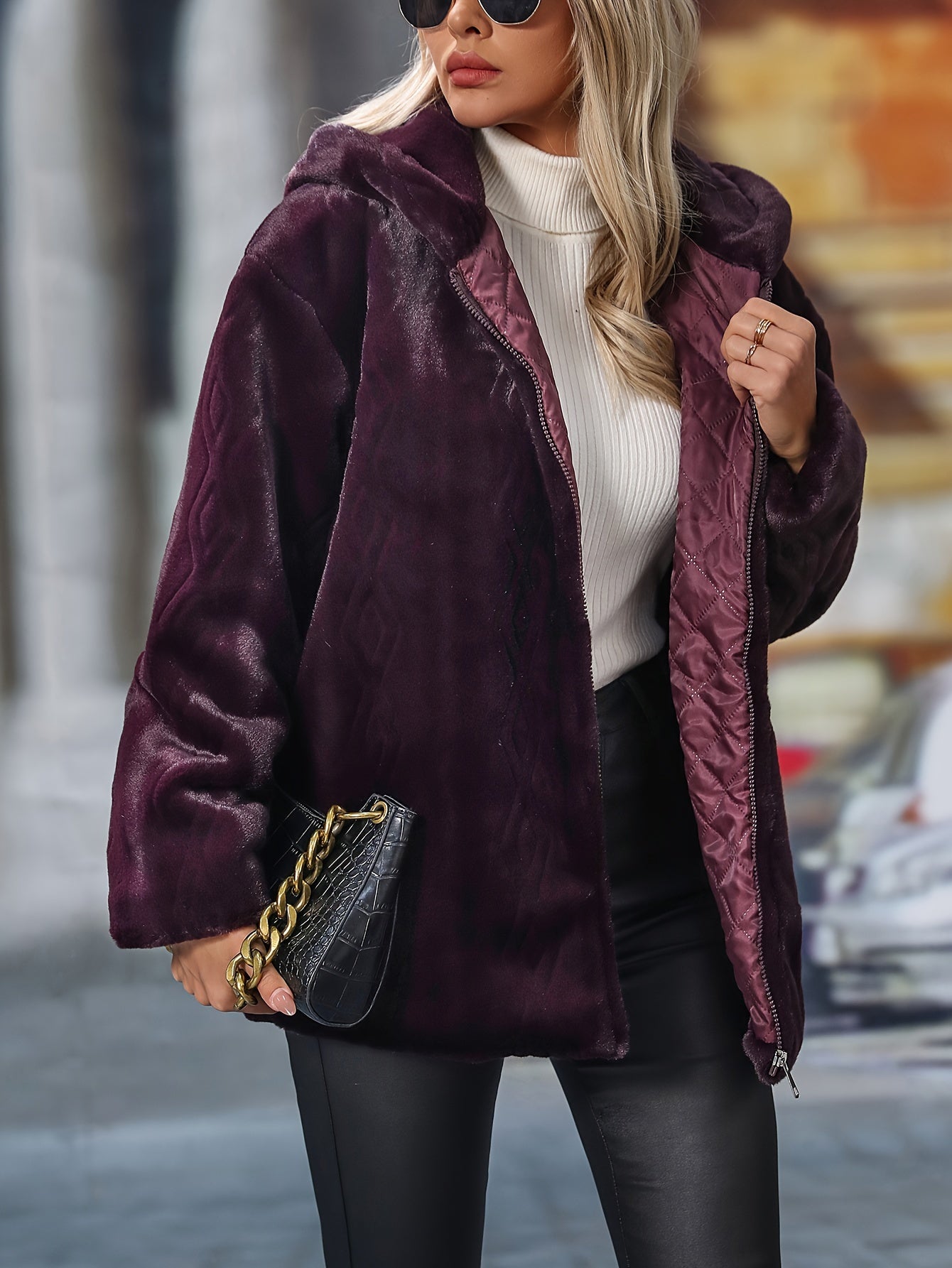 Faux Fur Zip Up Hooded Coat, Elegant Long Sleeve Warm Outerwear For Fall & Winter, Women's Clothing