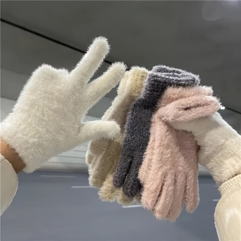 2pcs Elegant Solid Color Faux Mink Gloves - Warm, Stretchy Knit For Autumn & Winter | Non-Slip Grip, Perfect For Casual Outings