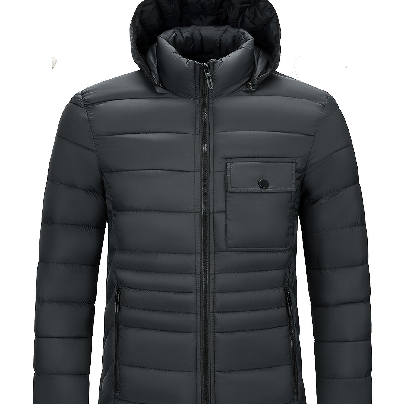 Men's Solid Color Hooded Puff Jacket, Long Sleeve Stand Collar Comfy Warm Trendy Winter Faux Down Coat As Gift