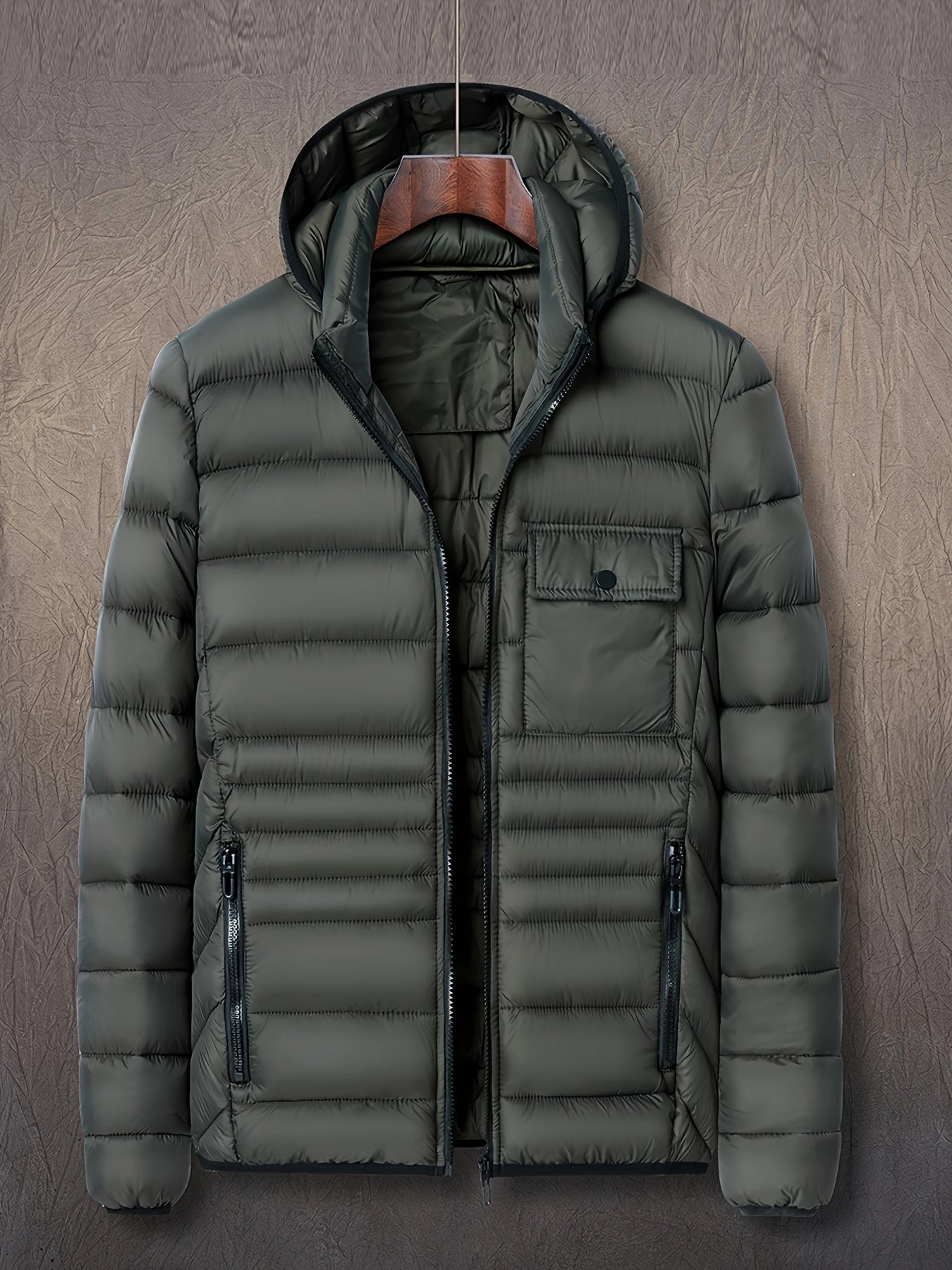 Men's Solid Color Hooded Puff Jacket, Long Sleeve Stand Collar Comfy Warm Trendy Winter Faux Down Coat As Gift