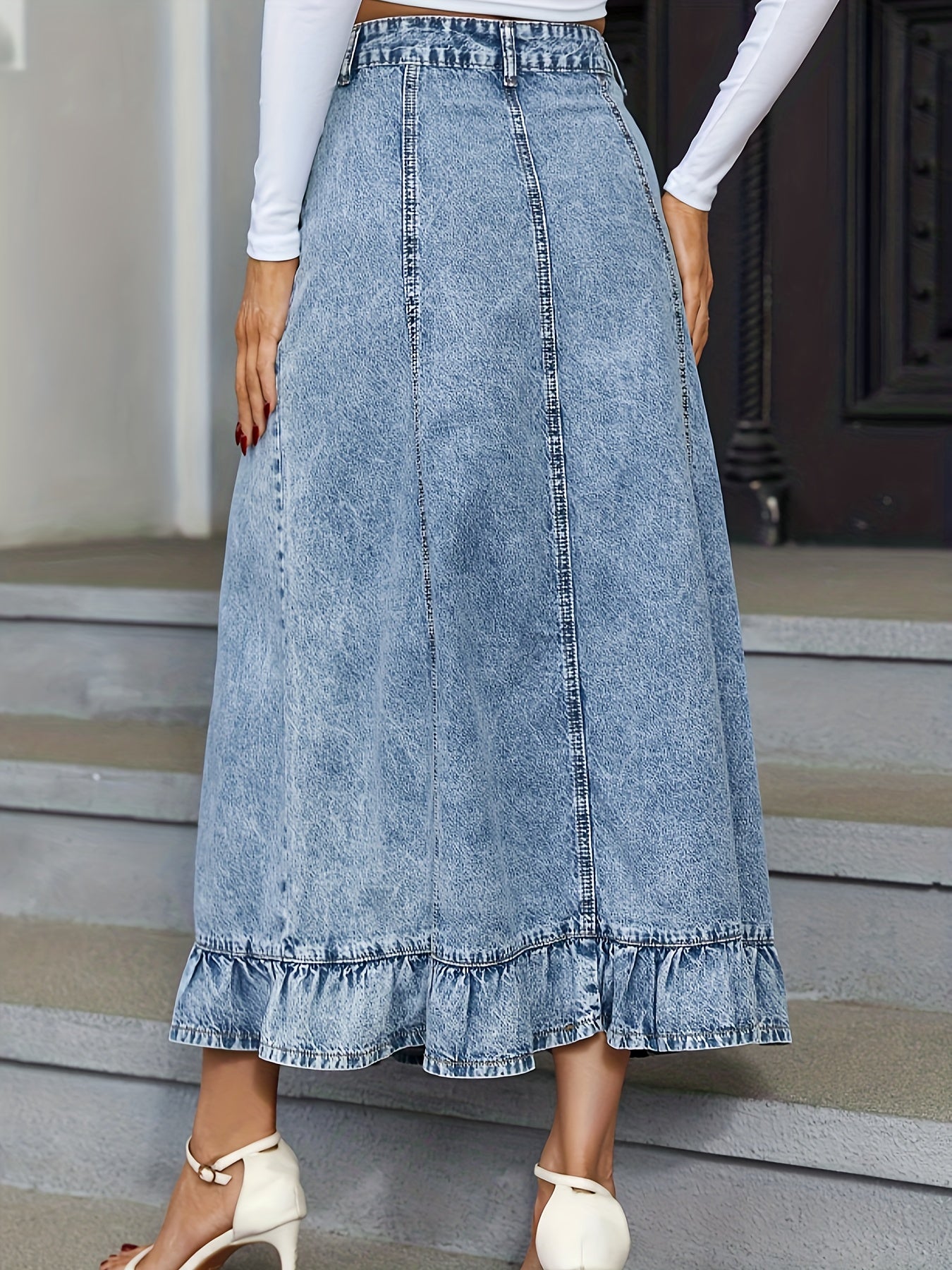 Blue Ruffle Hem Denim Midi Skirt, Single Breasted Button Washed Elegant Denim Skirt, Women's Denim Clothing