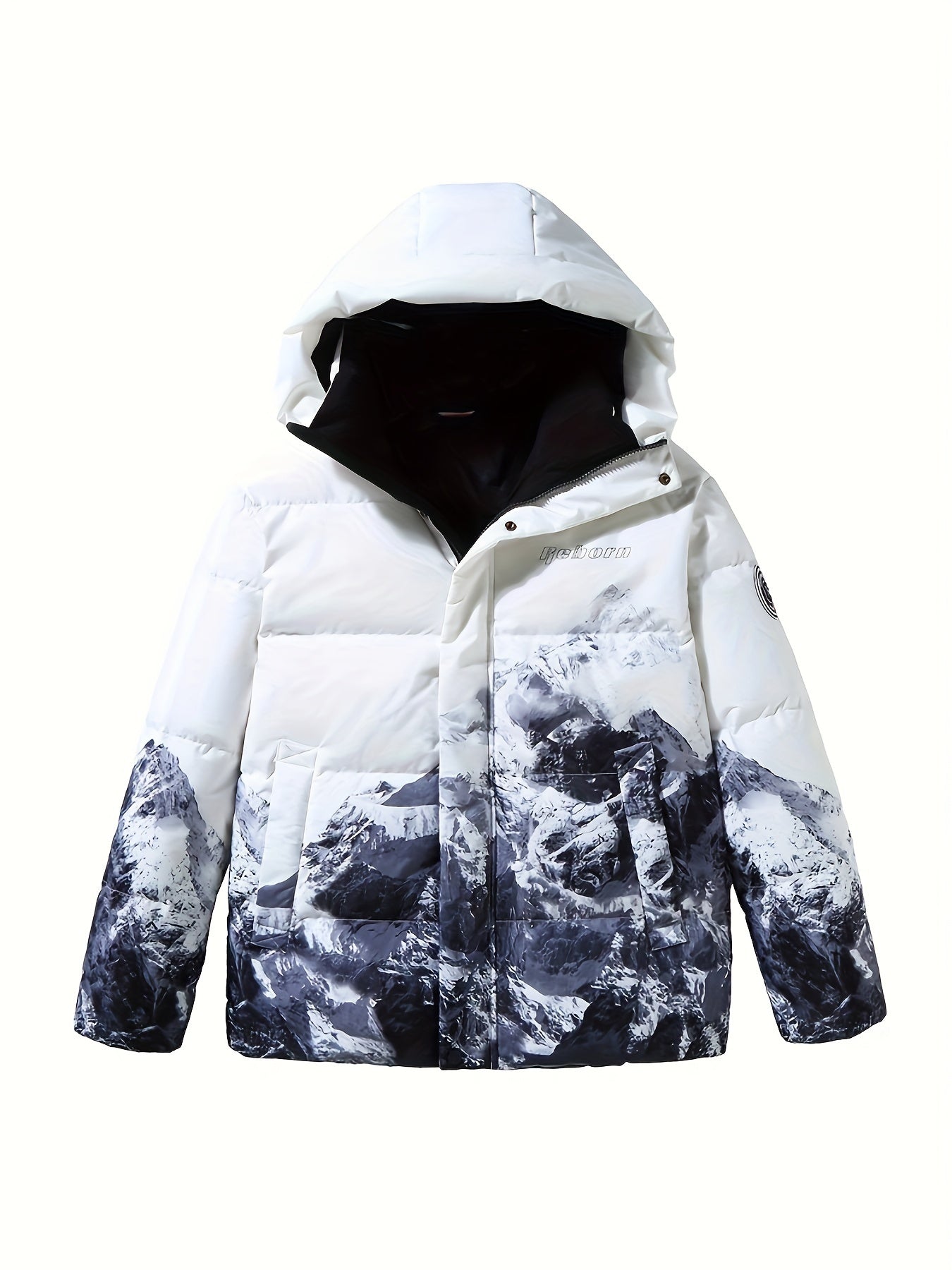 Men's Stylish Mountains Pattern Down Jacket With Pockets, Casual Breathable Zip Up Long Sleeve Warm Hooded Top For Winter City Walk Street Hanging Outdoor Activities