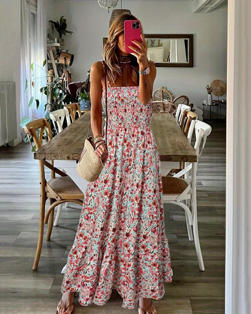 VAKKV Summer Breeze Floral Spaghetti Strap Gown - Sleeveless, Lace-Up, Long Vacation Dress, Easy-Care Polyester