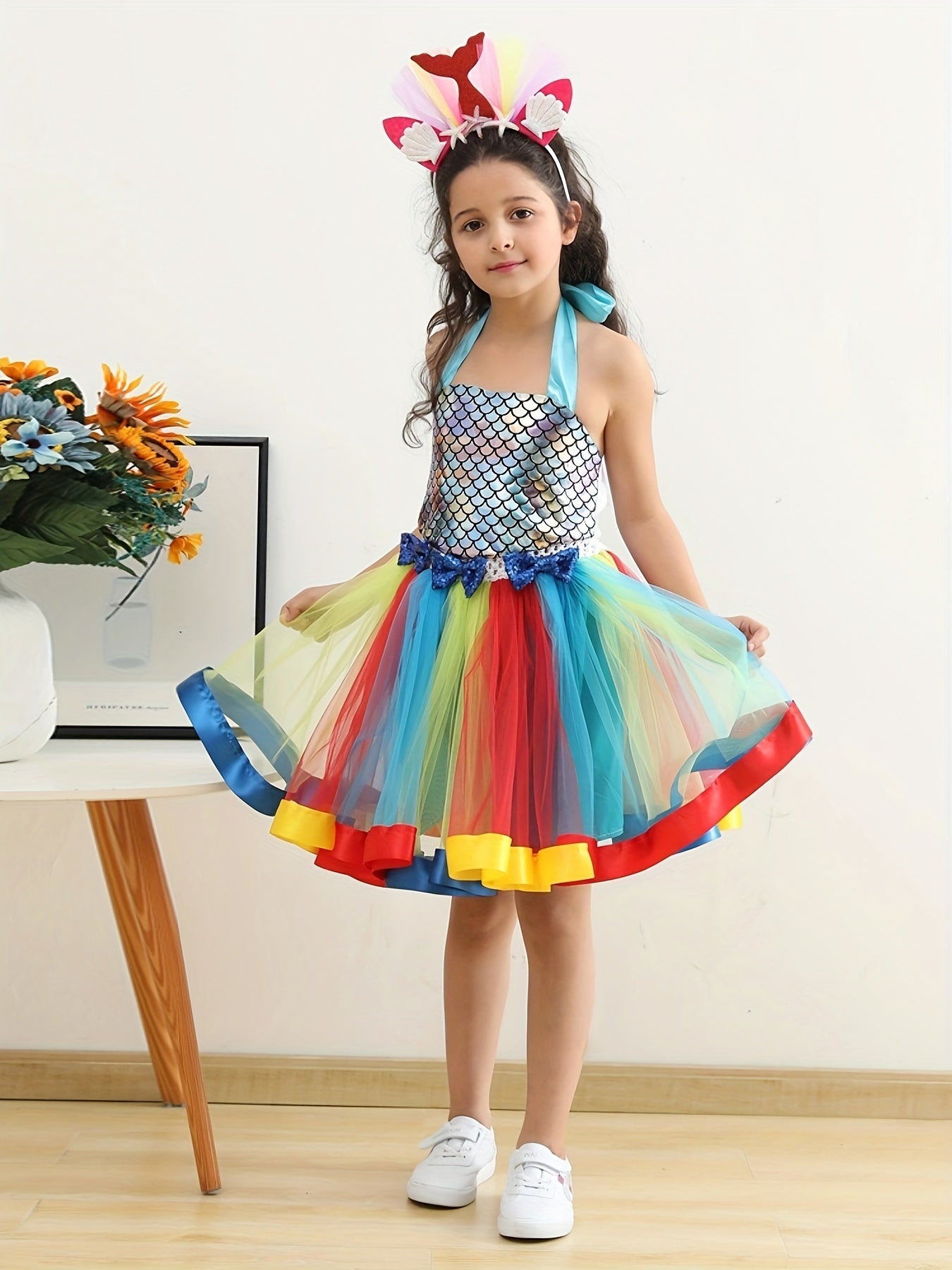 Tutu Dress and Headband Set - Sparkling Fish Scale Pattern Mesh Outfit for Girls - Perfect for Christmas, Halloween, Birthday Party, Performance, and Gift-Giving Occasions