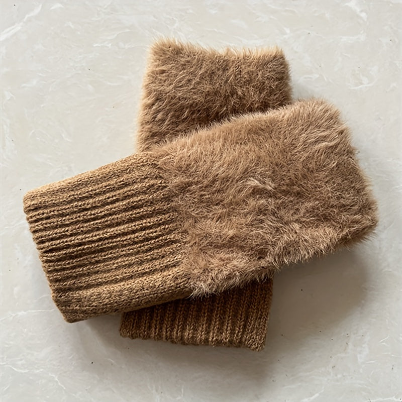 Women's Faux Fur Knitted Half-Finger Gloves, 2-Pack, Elastic Warm Winter Gloves for Office, Casual Outings, Hand Washable, Warmth & Comfort, Windproof Design