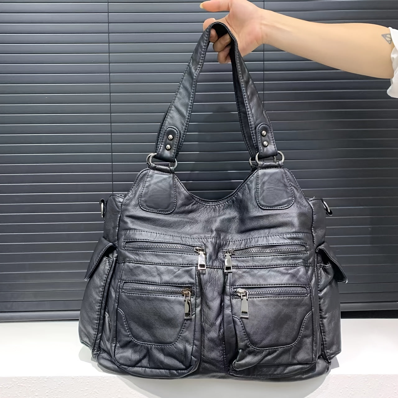Large Capacity Vintage Multi-Pocket Faux Leather Tote Bag for Women with Removable Strap and Zipper Closure - Polyester Lined Work Bag from Guangzhou with Edge Painted Accessory-Free Design