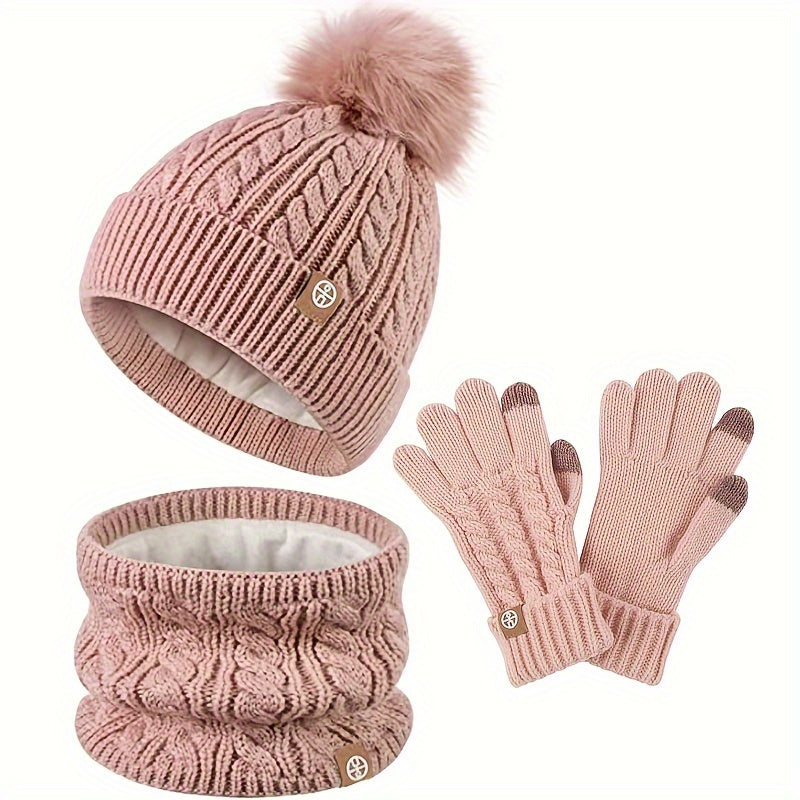 Elegant 3pcs Winter Set for Women: Cozy Fleece-Lined Knit Beanie, Scarf & Gloves - Warm, Windproof & Stylish