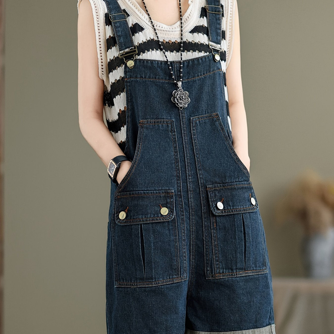 Plain Washed Blue Flap Pocket Adjustable Strap Retro Style Roll Up Hem Denim Overalls Shortalls Dungarees, Women's Denim Jeans & Clothing