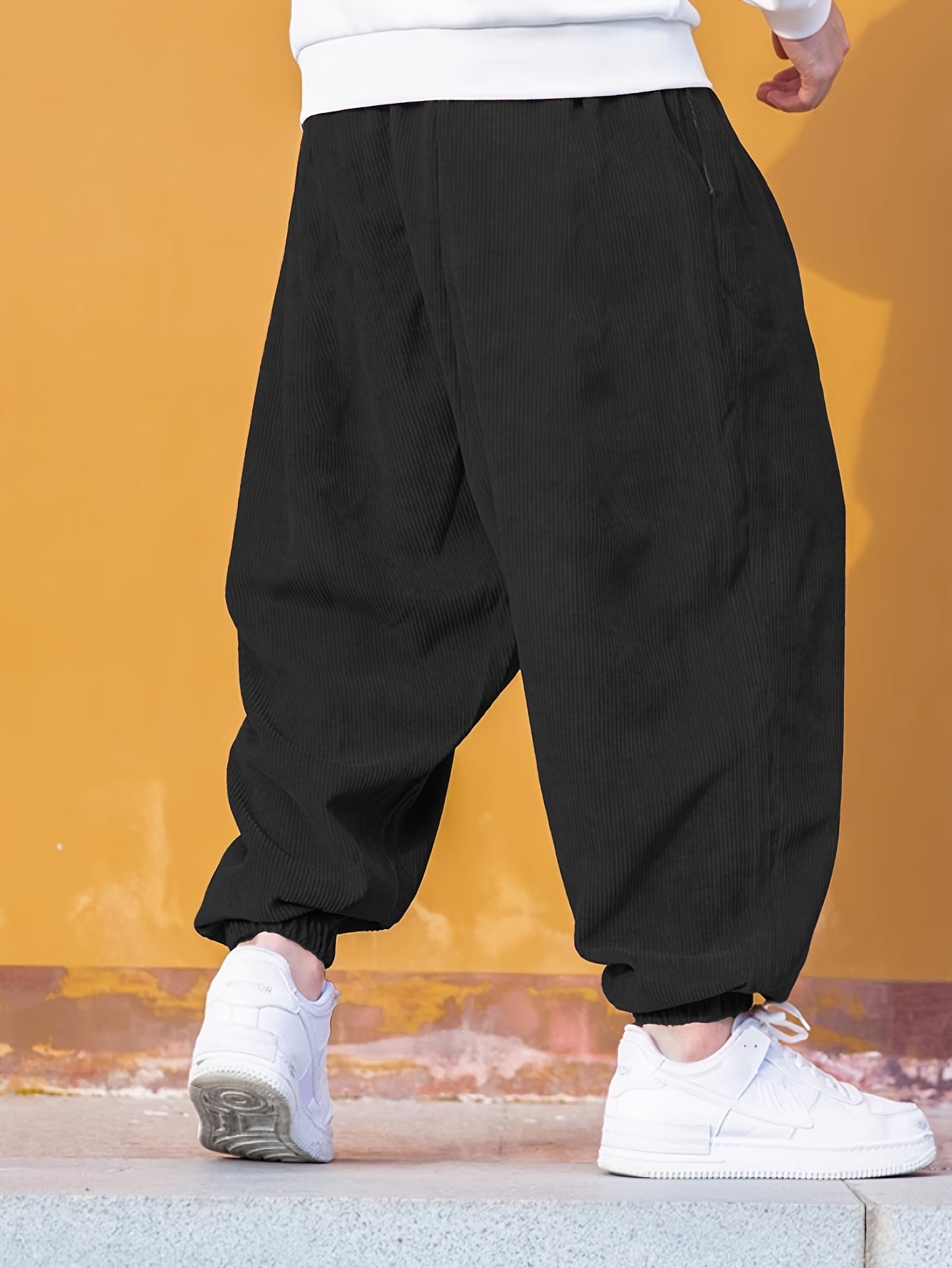 Men's Solid Color Loose Fit Corduroy Pants With Drawstrings, Casual Comfy Outdoor All-season Trousers As Gift