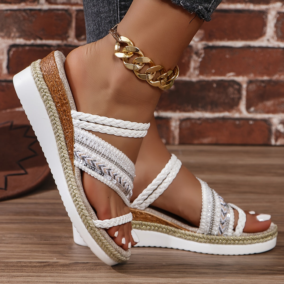Trendy Braided Wedge Sandals - Stylish Heel with Platform Sole, Open Toe Design, Effortless Slip-On Comfort for Casual Chic