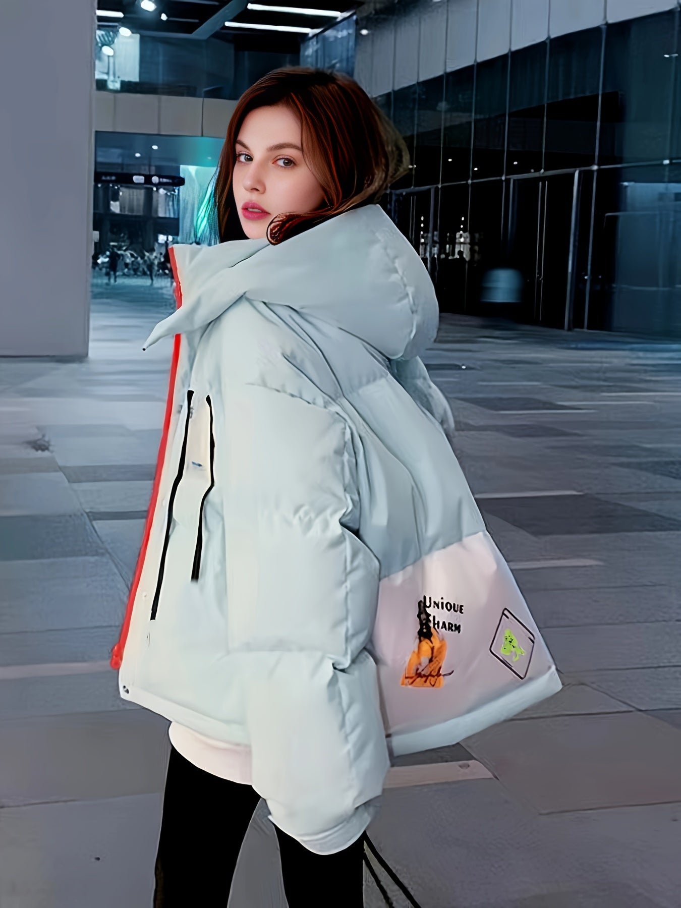 Contrast Trim Zip Up Down Jacket, Elegant Long Sleeve Hooded Coat For Winter, Women's Clothing