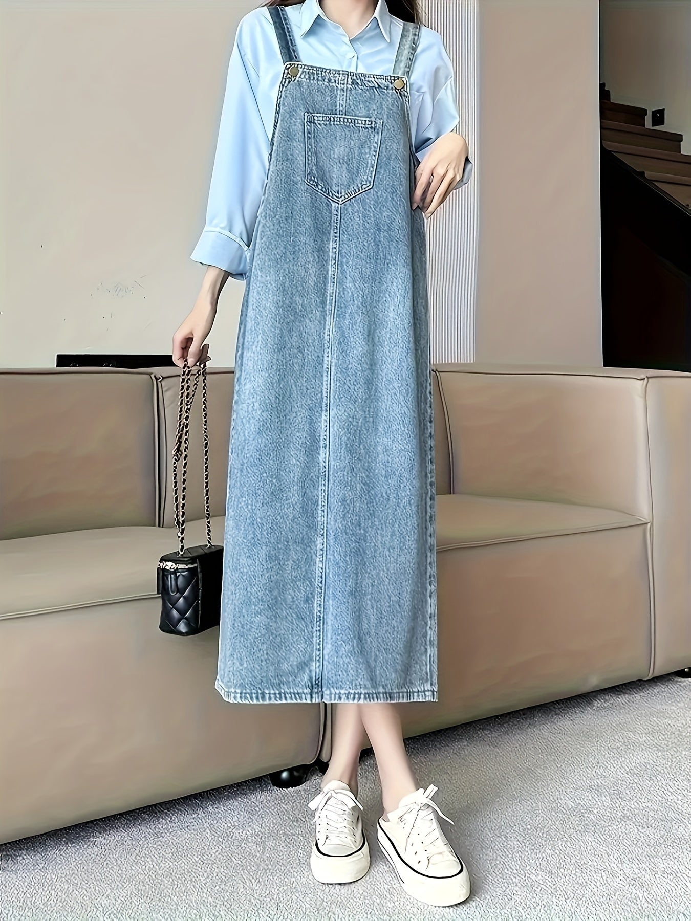 Womens Denim Overall Dress - Relaxed Fit Casual Style, Sleeveless Design, Functional Front Pocket, Versatile Jean Skirt for Perfect Daily Casual Occasions, Ideal for Everyday Wear, Outdoor Activities, and Social Gatherings