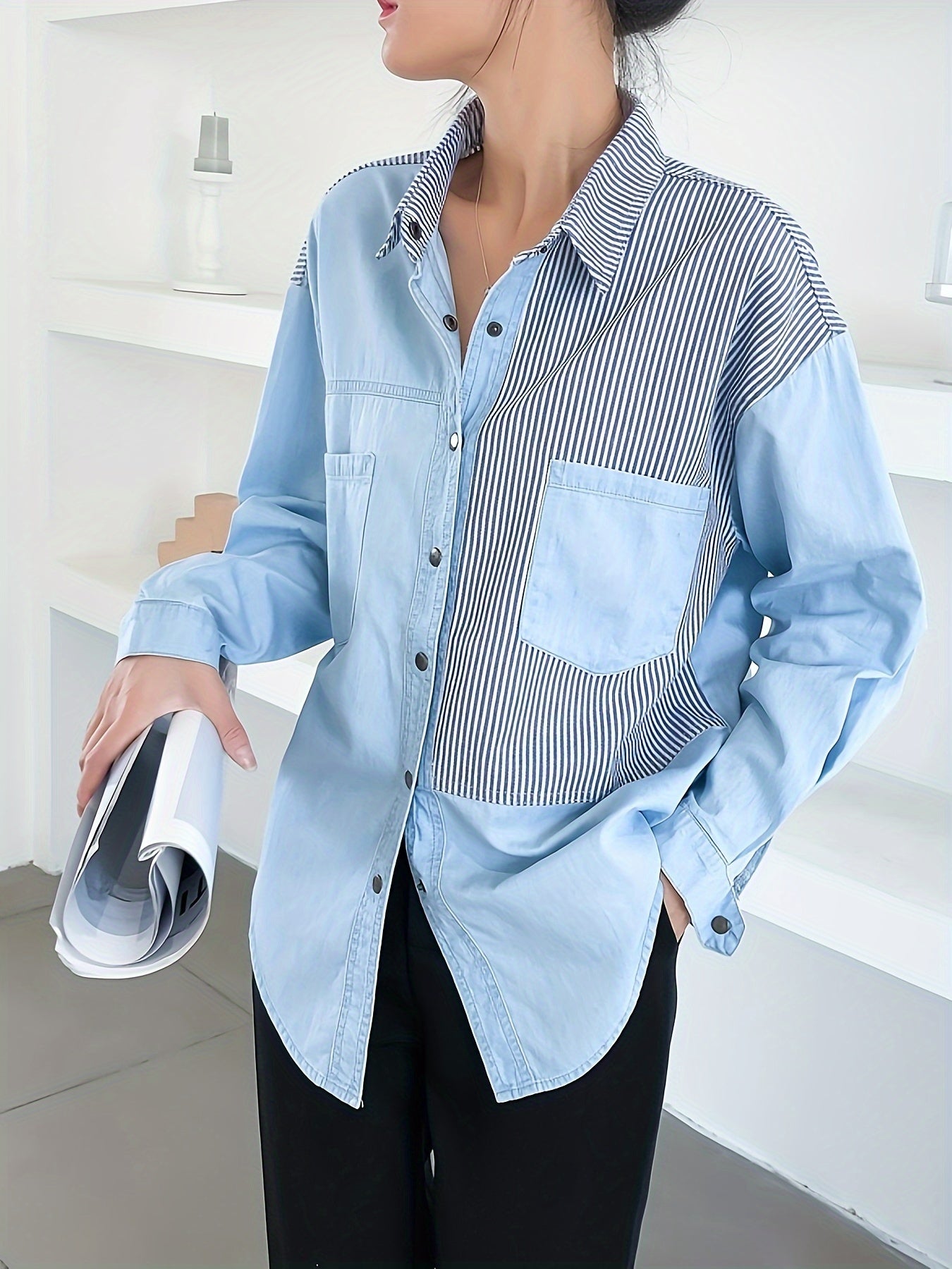 Long Sleeve Relaxed Fit Womens Denim Shirt Top - Soft Non-Stretch Fabric, Casual Polo Style, Color Block Patchwork Blue with Striped Details, Spring/Summer Collection, Button Front, Woven Construction
