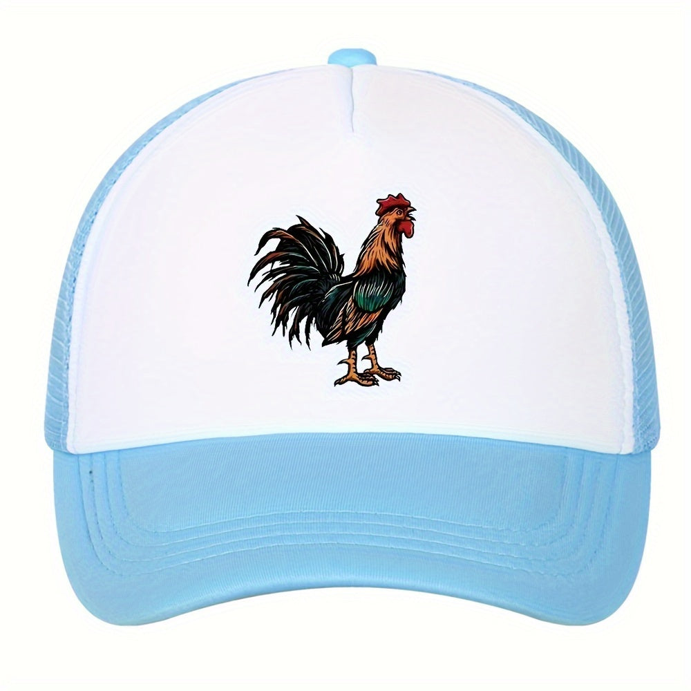 Retro Rooster Print Curved Brim Baseball Cap - Breathable Mesh Trucker Hat with Snapback Closure, Perfect for Casual Leisure Outdoor Sports, Unisex Fashion Accessory for Summer, Spring, and Fall