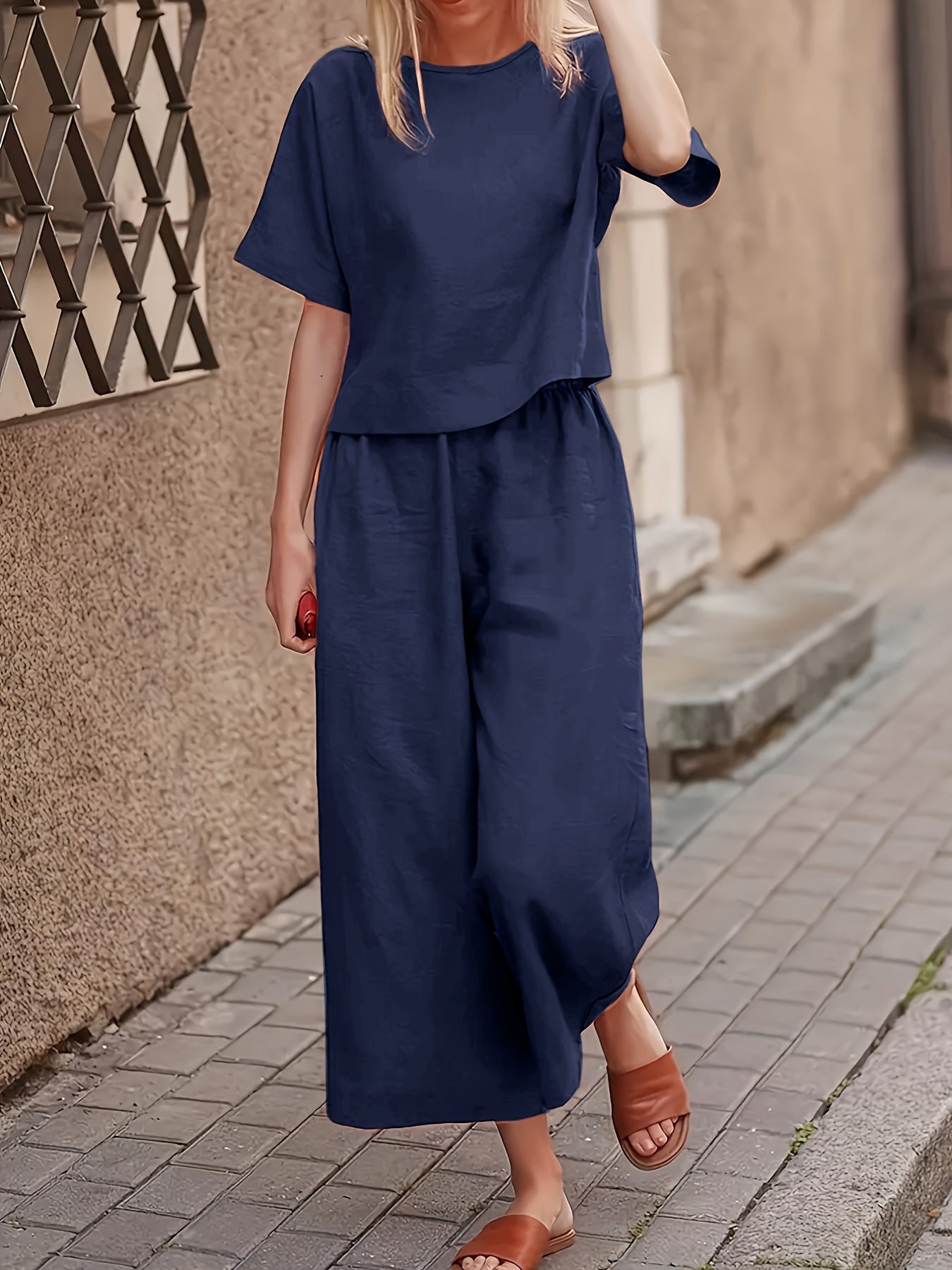 Women's Chic Outfit Set - Crew Neck Short Sleeve Top & Wide Leg Pants Combo - Solid Color, Simple, Casual, Comfortable, Versatile, and Easy to Match - Perfect for Daily Wear, Work, or Leisure Activities