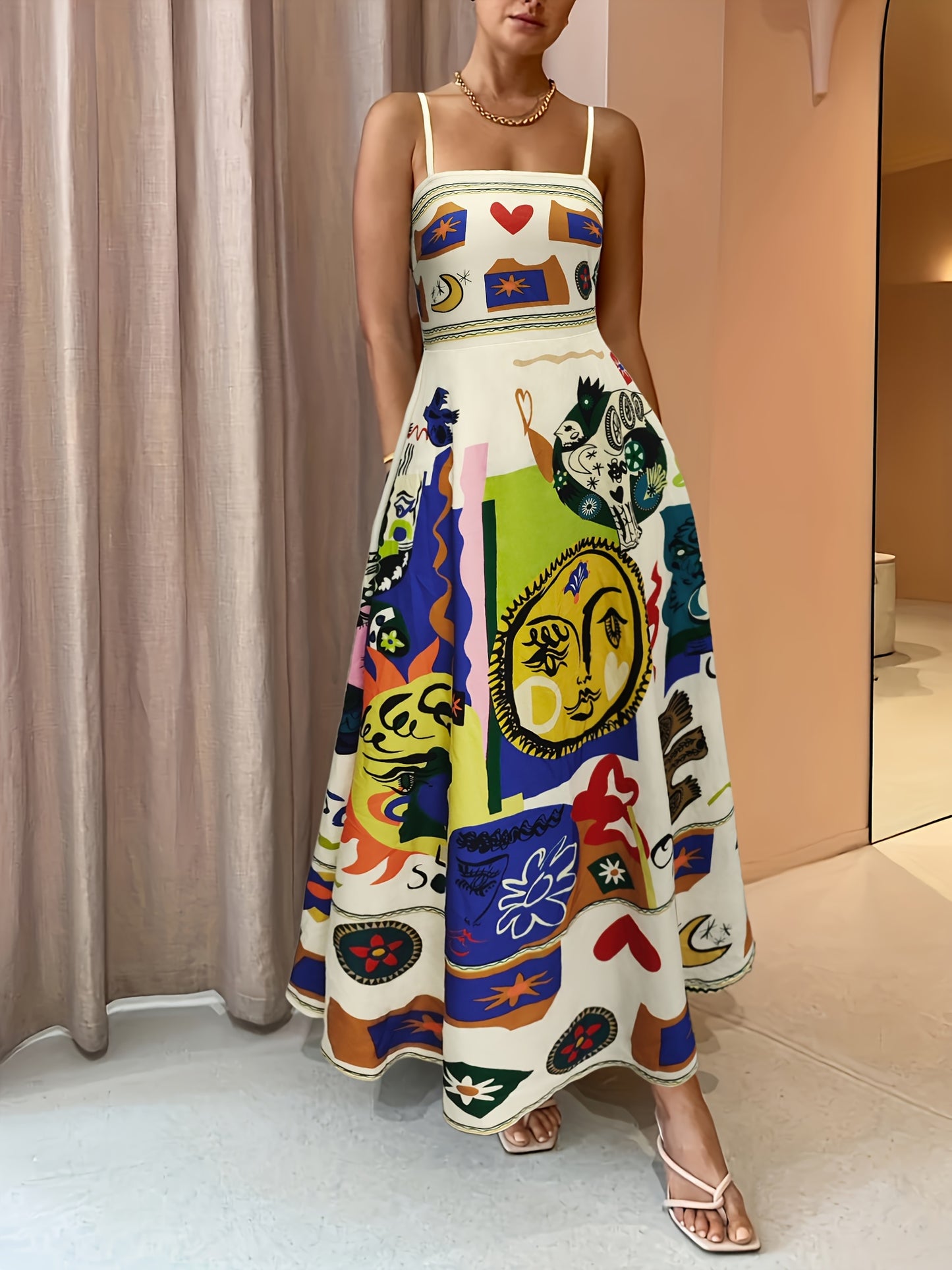 VAKKV Vibrant Graffiti Print Dress - Stylish Square Neckline, Daring Backless Design, Delicate Spaghetti Straps, Flattering High Waist Silhouette, Chic Cami Style - Perfect for Women, Ideal for Casual Occasions, Womens Clothing