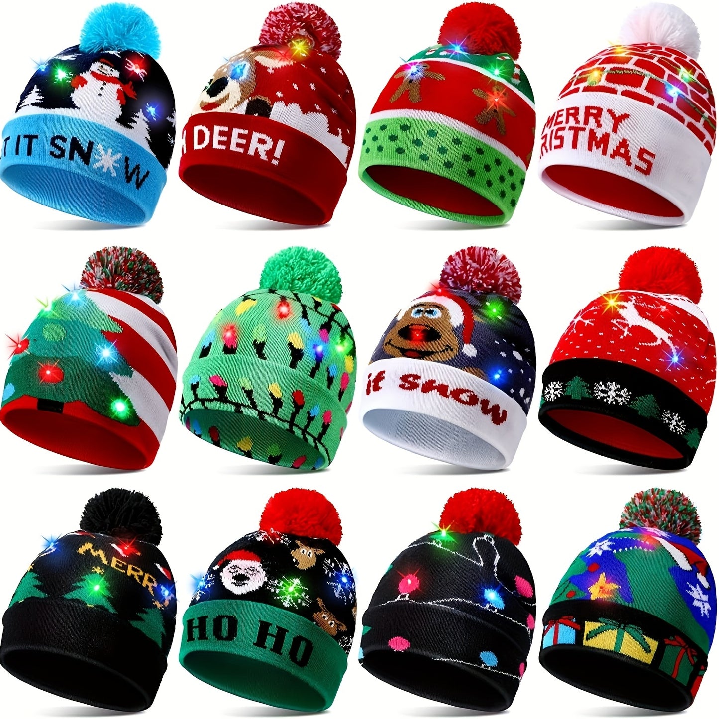 1PC LED Christmas Knitted Hat Light Up Xmas Beanie Cap Unisex Winter Beanie Sweater Hat with Colorful LEDs for Christmas New Year