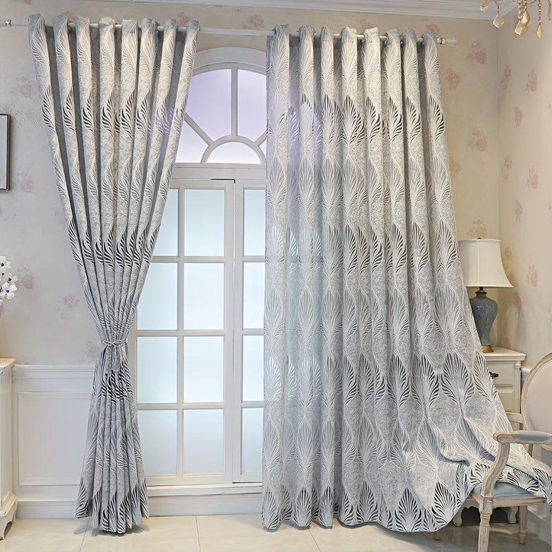 1pc European-Inspired Vintage Grey Hollow Feather Leaf Jacquard Woven Semi-Sheer Unlined Curtain with Grommet Top - Adds Elegance and Privacy to Your Living Room, Bedroom, Office, or Kitchen - Artsy, All-Season, Uncorded, and Easy to Hang