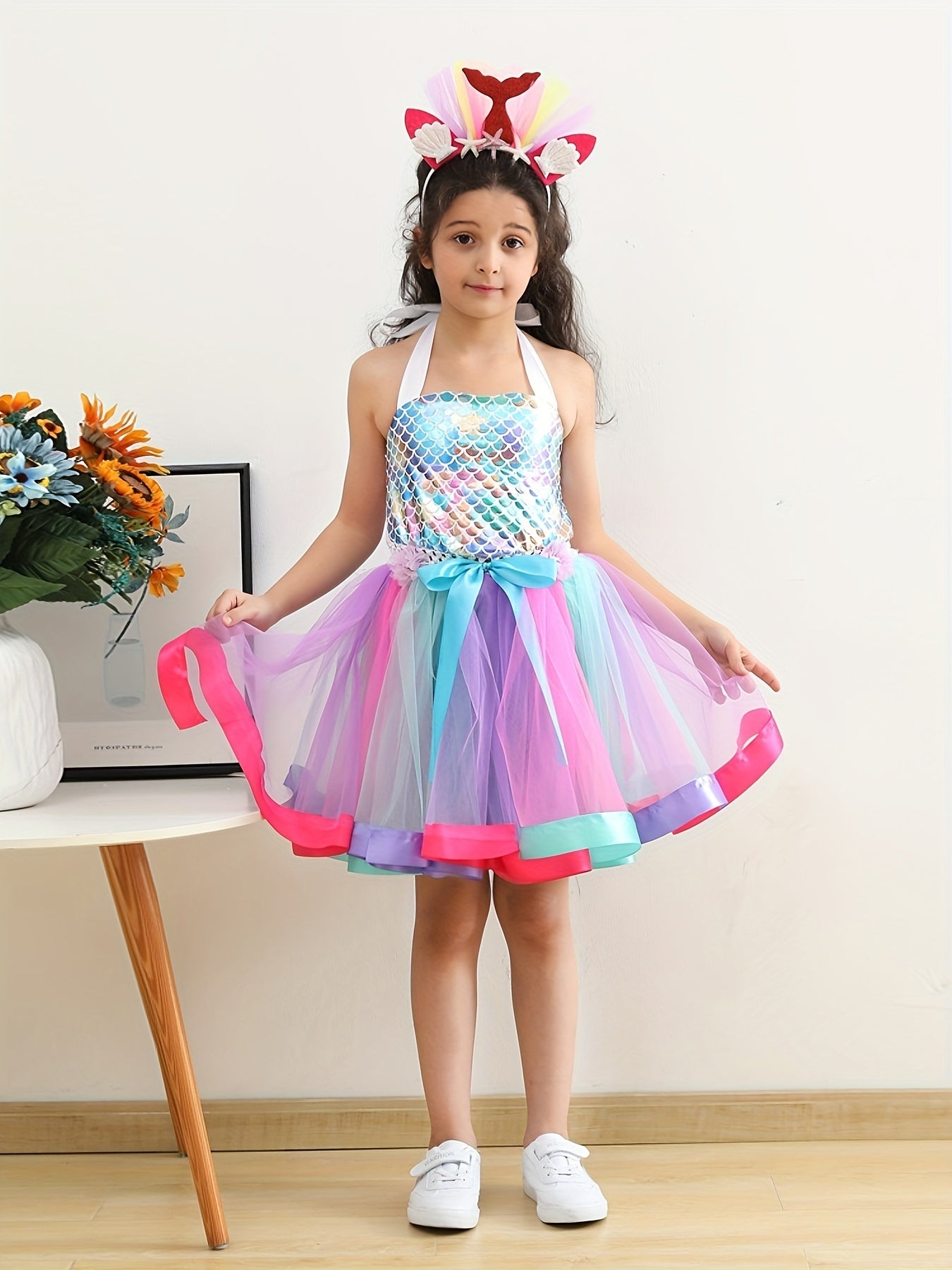 Tutu Dress and Headband Set - Sparkling Fish Scale Pattern Mesh Outfit for Girls - Perfect for Christmas, Halloween, Birthday Party, Performance, and Gift-Giving Occasions