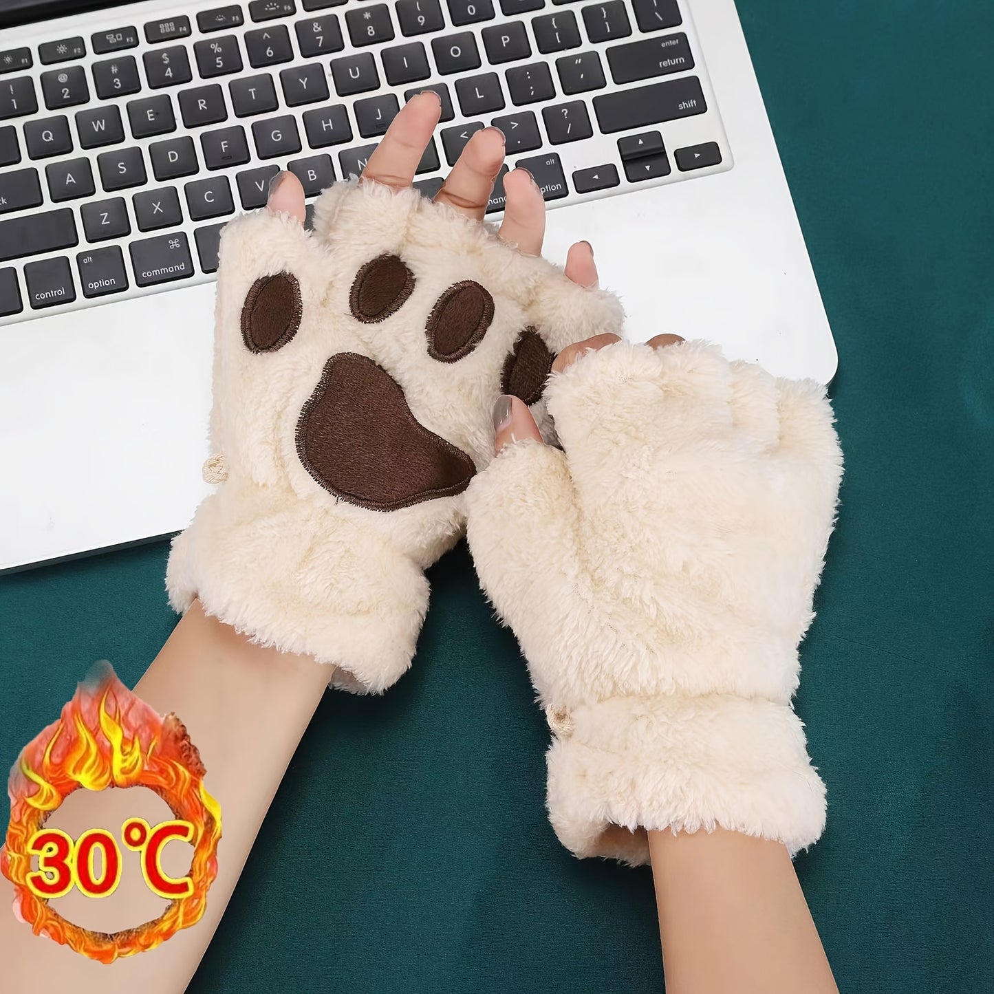 2 Pairs of Adorable Cartoon Cat Paw Plush Half Finger Gloves - Warm, Thickened, Exposed Fingers, Bear Paw Design for Men and Women in Winter - Perfect for Cute Girls in Europe and America