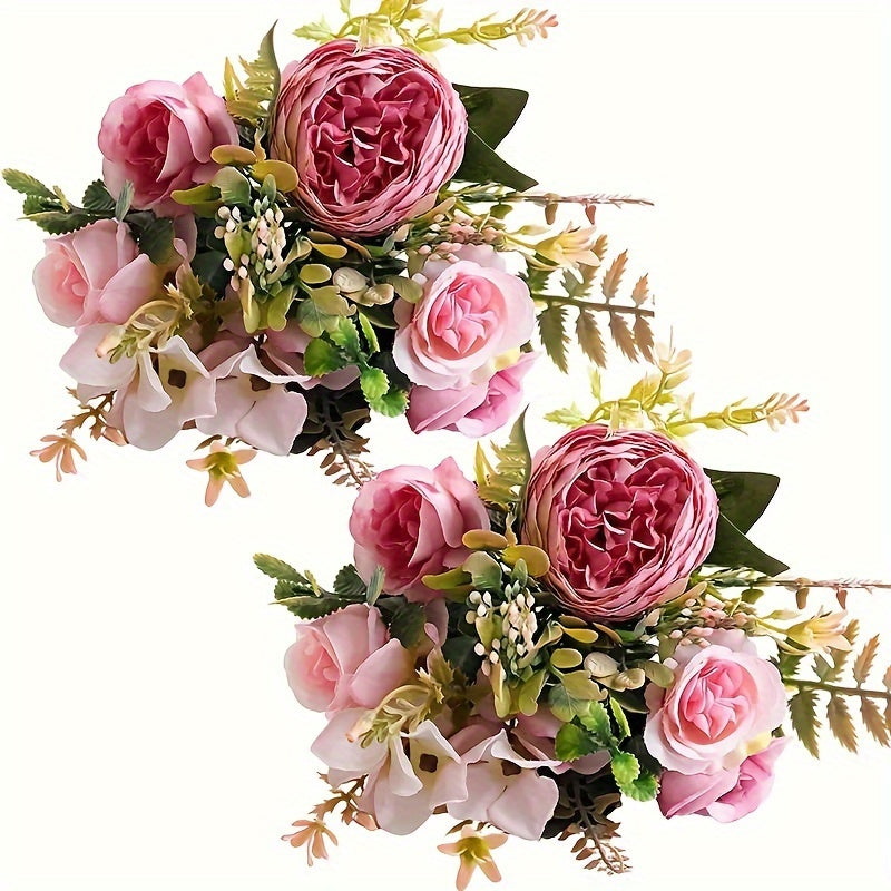 Elegant 2pcs Faux Peony & Rose Bouquets - Perfect for Home, Office, and Wedding Decor | No Battery Needed