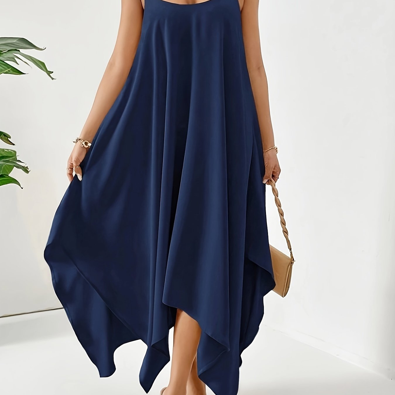 VAKKV Solid Asymmetric Hem Cami Dress, Casual Sleeveless Spaghetti Strap Dress, Women's Clothing