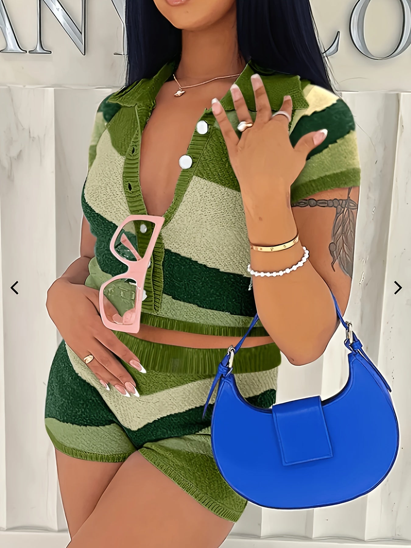 Two-Piece Y2K Color Block Lapel Collar Short Sleeve Top & Skinny Shorts Set - Polyester Mid-Elasticity Knit Fabric, Random Printing, Patchwork Pattern, Button Front, Perfect for Spring & Summer, Womens Clothing