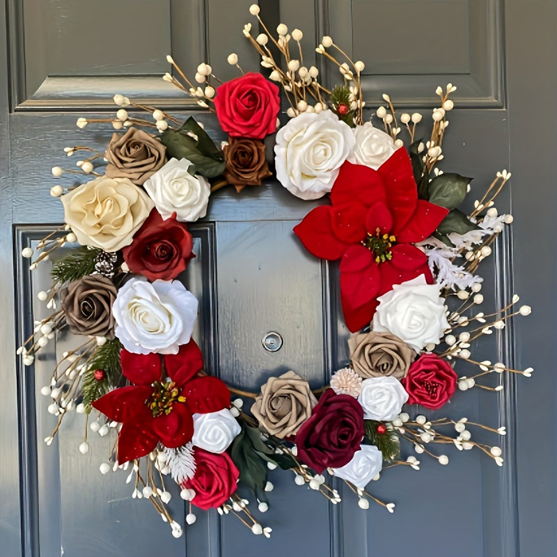 Artificial Christmas Flowers Set, Red Roses & Greenery, DIY Wedding Bouquet, Centerpiece, Home & Kitchen Decor, Plastic, All-Season, for Living Room, Christmas, Halloween, Easter, Thanksgiving, St. Patrick's Day, Rose Type, Tabletop Display, No Power Requ