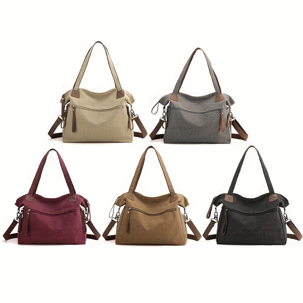 Large Capacity Vintage Style Canvas Tote Bag for Women - Adjustable Strap, Zipper Closure, Polyester Lined, Versatile for Work, Commuting, and Travel