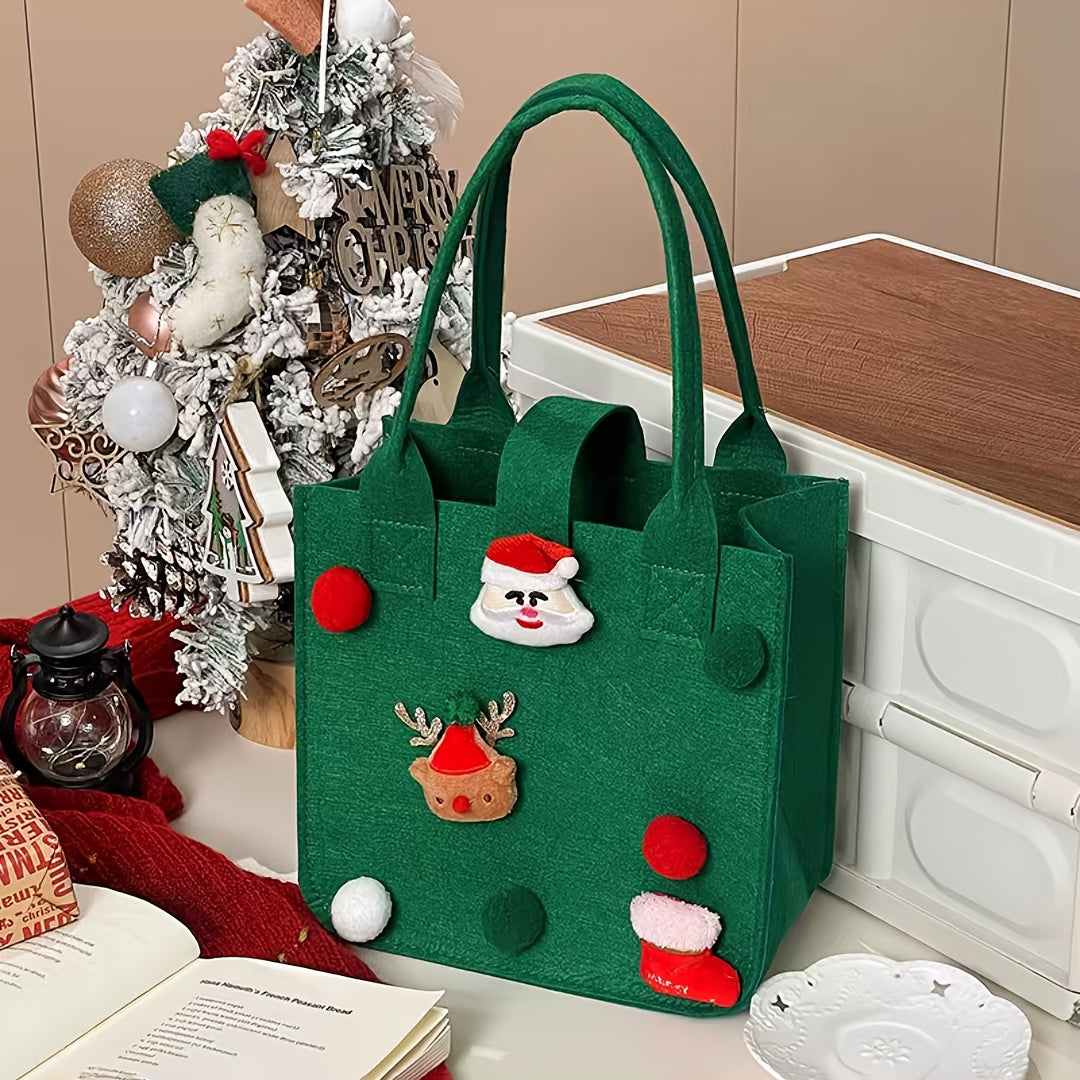 Rustic Christmas Candy Gift Felt Tote Bag for Women, Vintage Style, Non-Washable, Solid Color, Red & Green, No Lining, Cartoon Print, with Fixed Straps and Snap Closure, No Embellishments
