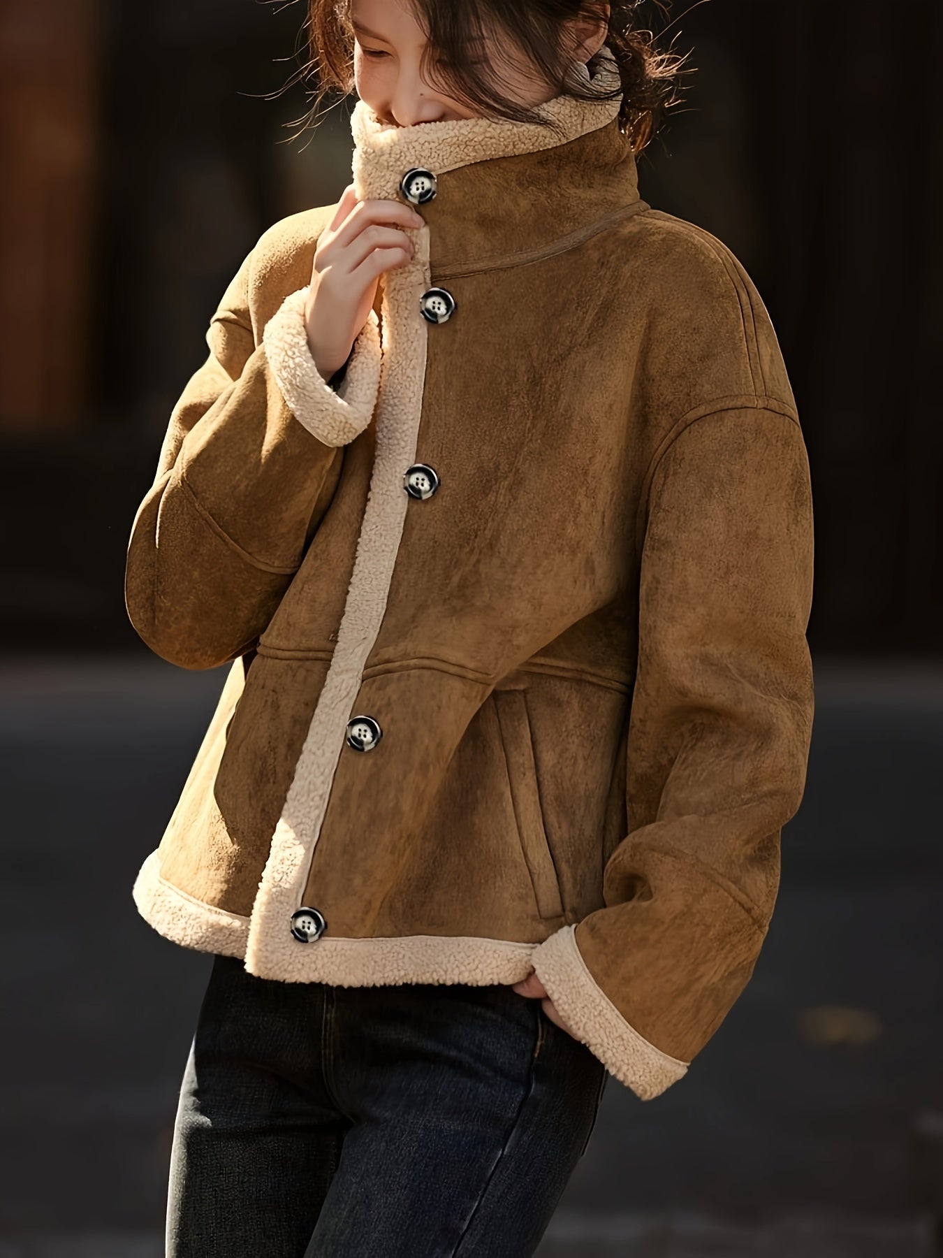 Elegant Women's Brown Faux Suede Coat - Long Sleeve, Open Front with Pockets, Machine Washable - Perfect for Fall/Winter
