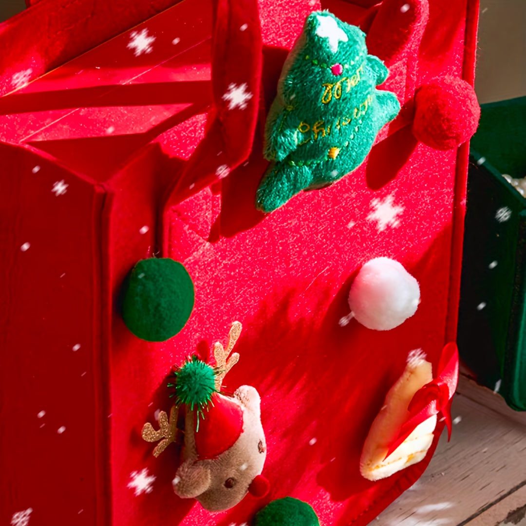 Rustic Christmas Candy Gift Felt Tote Bag for Women, Vintage Style, Non-Washable, Solid Color, Red & Green, No Lining, Cartoon Print, with Fixed Straps and Snap Closure, No Embellishments