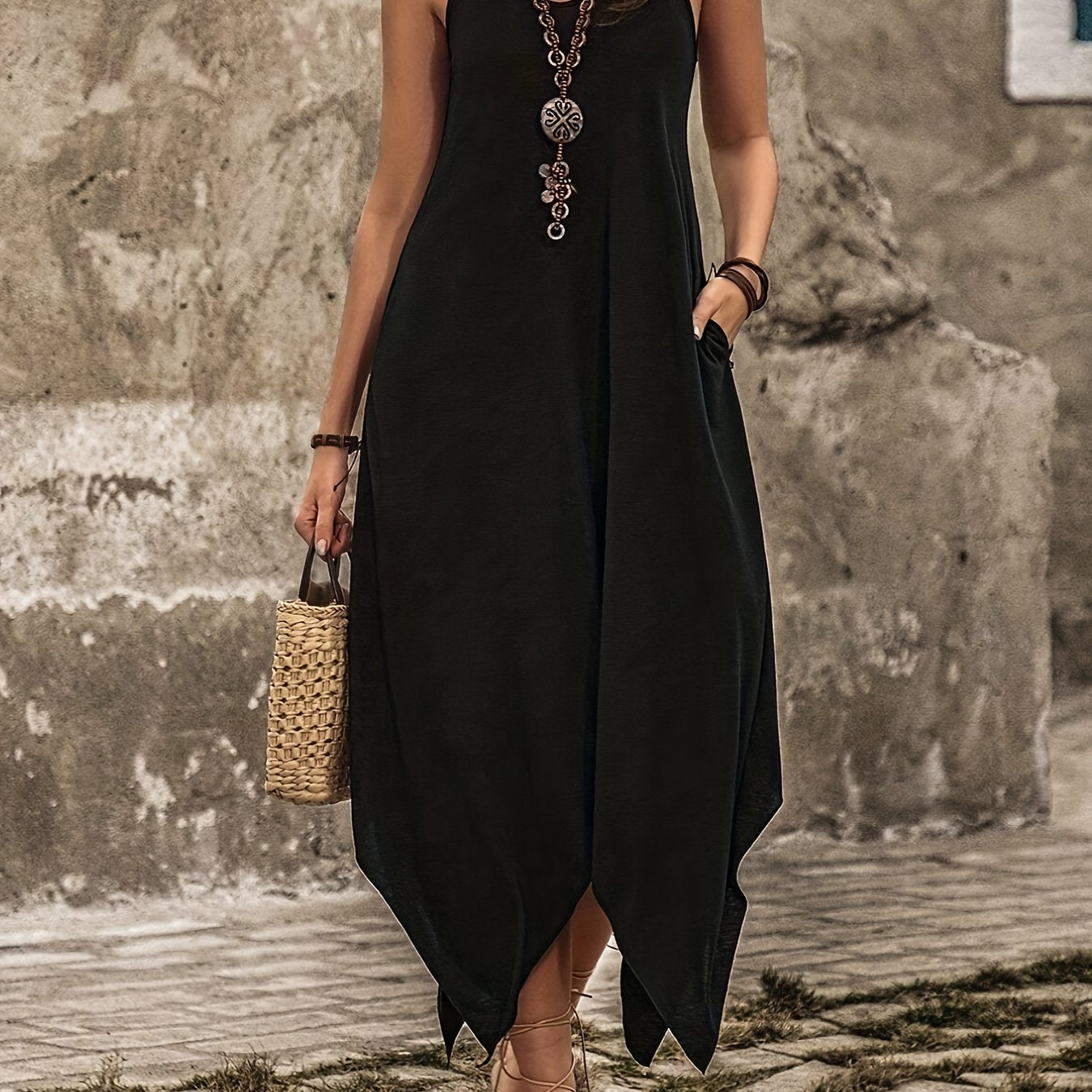 VAKKV Chic Asymmetric Hem Spaghetti Strap Dress - Lightweight & Versatile Solid Colors for Summer - Adjustable Straps, Flowy Design - Womens Casual Wardrobe Staple