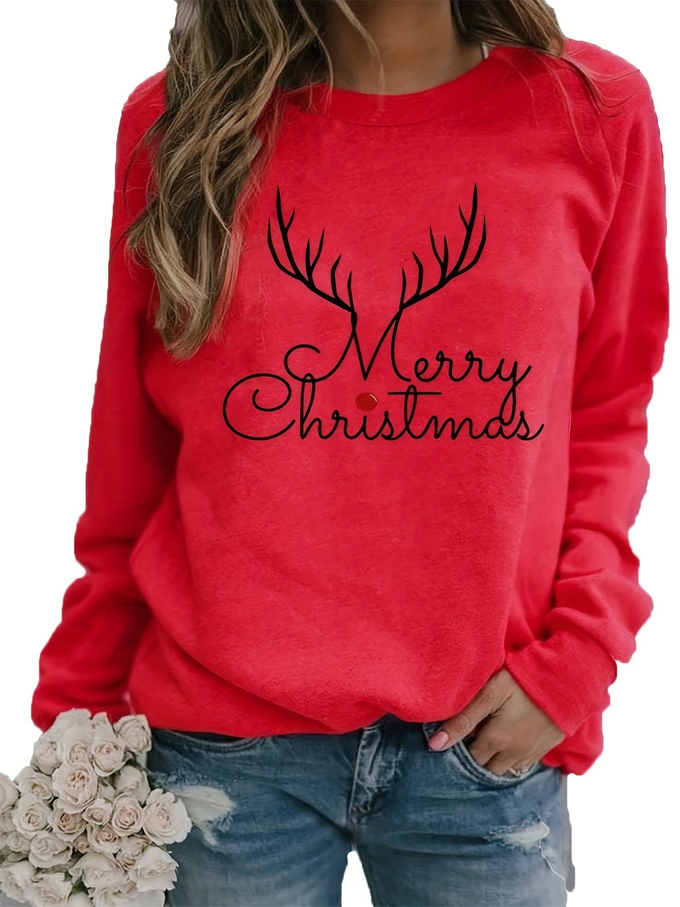 Women's Festive Christmas Print Sweatshirt - Casual Crew Neck, Long Sleeve Pullover for Fall & Spring, Cotton Blend
